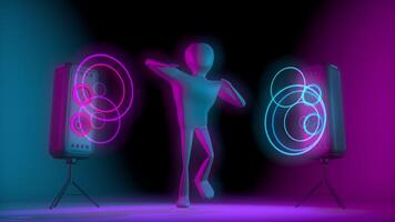 Cartoon man dancing in the middle of two speakers vibrating to the rhythm of the music on a dark stage with cyan and magenta lights. Loop sequence. 3d animation video