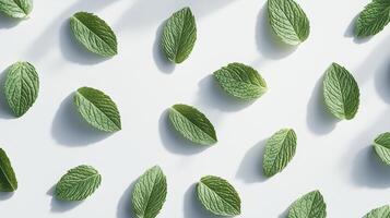 Fresh mint leaves arranged in pattern, top view background photo