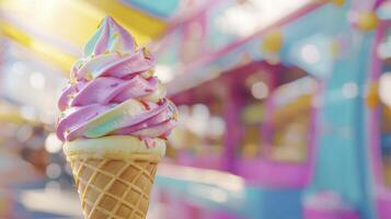 Ice cream cone with colorful swirl and sprinkles in bright fun background photo