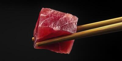 Raw tuna cube held by chopsticks on black background photo