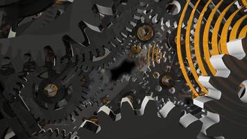 Background of gears rotating in coordination. Camera travels through the interior of a machine with moving reflective metal gears. Loop sequence. 3D Animation video