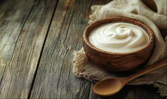 Yogurt in wooden bowl with spoon on rustic wooden table, copy space photo