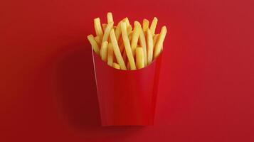 French fries in red box with copy space on red background photo