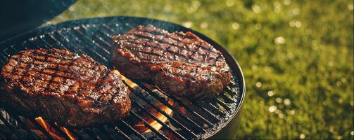 Grilled steaks on flaming grill, grass background, copy space photo