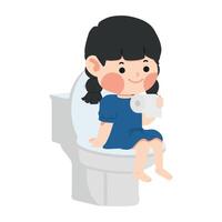child sitting on the toilet with a paper roll in hand vector
