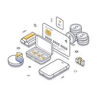 Illustration of online deposits with elements and isometric line art design vector