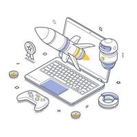 Illustrative design of online gaming elements with rocket and controller in isometric view vector