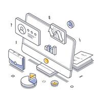 Online business isometric line art illustration featuring graphs and user profiles vector