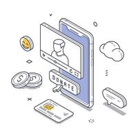 Creative isometric line art illustration depicting online donation process with smartphone and coins vector