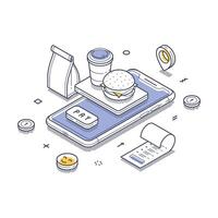 Fast food delivery service with mobile payment illustration in isometric line art style vector