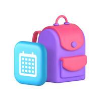 Back to school calendar data reminder with backpack 3d icon realistic illustration vector