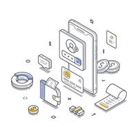 Isometric line art illustration showcasing mobile banking concepts with digital transactions vector