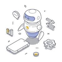 Detailed isometric line art illustration of an AI chat bot interacting with various digital elements vector