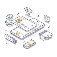 Isometric line art illustration of an online wallet featuring various payment elements vector