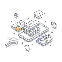 Online education resources represented through isometric line art illustration with essential tools vector