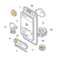 Isometric line art illustration focusing on social media interaction and design elements vector