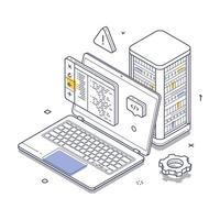 Server maintenance is illustrated in isometric line art style with laptop and server configuration vector