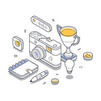 Creative tools and elements for content creation displayed in isometric line art style vector