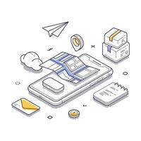 Isometric line art illustration of a delivery service using a mobile app for tracking packages vector