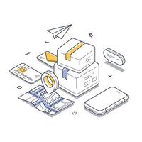 Delivery tracking concept with isometric line art illustrating various related elements vector