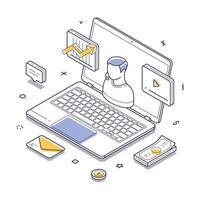 Financial consultation illustrated in isometric line art showcasing digital tools for analysis vector