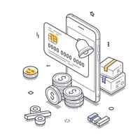 Cash back concept in isometric line art with mobile device, coins, and credit card elements vector