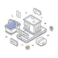Online marketplace with shopping elements in isometric line art design vector