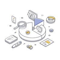 Market analysis isometric line art illustration with various analytical elements vector