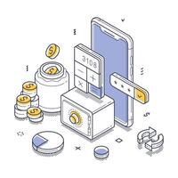 Exploring online banking through an isometric line art illustration of financial interactions vector