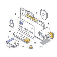 Isometric line art illustration showcasing secure payment systems and online transactions vector