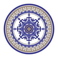 Decorative golden blue round ornament frame in oriental style with large pattern in the center, persian motif. Round pattern of the ancient nomad. For plate, embroidery, porcelain, sandblast, ceramic vector