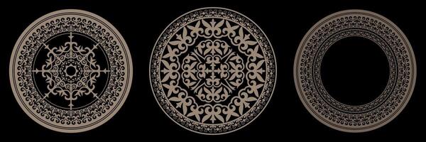 Collection of decorative round gold frames for design with floral ornament. Circle frame. Template for round surfaces, invitations, textile, engraving, forging, embroidery, plate, ceramic,sandblasting vector