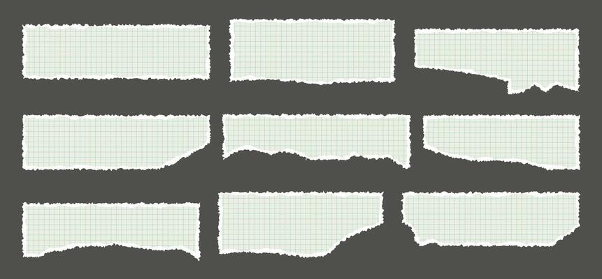 A set of sheets of torn or tattered chequered paper. Textured shapes with jagged edges. illustration for collage, social media, stickers, posters.
