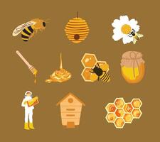 A collection of honey and bee farm illustrations, featuring beehives, honey jars, buzzing bees, and honeycombs, for farm branding, nature-themed designs, and eco-friendly projects vector