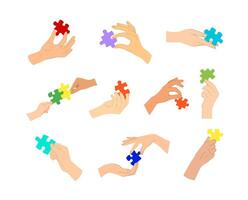 A symbolic collection of illustrations featuring hands holding puzzle pieces, representing business problem-solving and Autism Day awareness symbol. vector