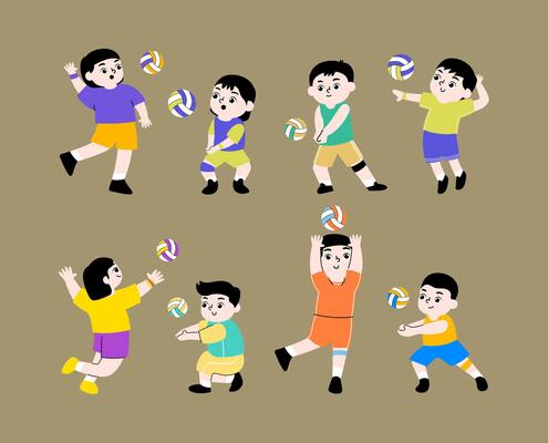 A collection of illustrations featuring children in various volleyball poses, for sports-themed designs, school activities, and athletic projects.