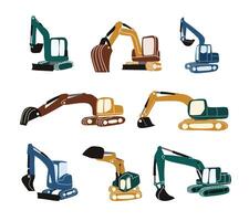 A collection of construction crane illustrations, featuring various types of heavy-duty cranes, for construction-themed designs, engineering visuals, and architectural projects vector