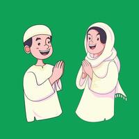 Elegant Muslim man and woman in white attire greeting each other with a handshake, symbolizing forgiveness vector