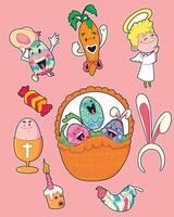 Happy Easter A Collection of Colorful Eggs, Basket, and Festive Decorations vector