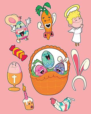 Happy Easter A Collection of Colorful Eggs, Basket, and Festive Decorations