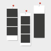 Three Blank instant photo booth stripe pinned thumbtacks on gray wall vector