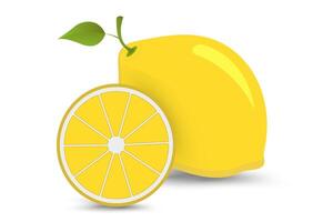 A yellow fresh lemon fruit with a piece cut of it is accompanied by a sliced lemon half and a wedge, showcasing its juicy and refreshing citrus appeal. and illustration vector