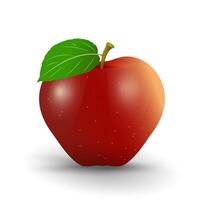 A shiny red apple with a smooth surface, speckled with tiny white dots, and a single green leaf attached to its stem. falling red applevector illustration vector