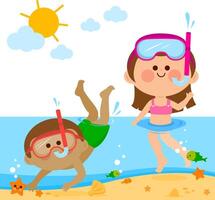 Children with diving snorkeling masks swimming in the sea having fun in water vacations. Summer holidays for girls and boys at the beach. vector