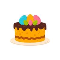A festive Easter cake with a golden sponge base, topped with a rich chocolate glaze and colorful eggs. A perfect addition to Easter celebrations and dessert-themed projects. vector