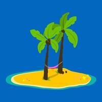 Summer vacations at the beach, blue ocean and tropical island. A beautiful island in the sea with palm trees and a hammock. vector