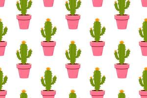 A seamless pattern featuring hand-drawn potted cacti in pink pots on a white background. Ideal for textiles, wallpapers, wrapping paper, and home decor. vector