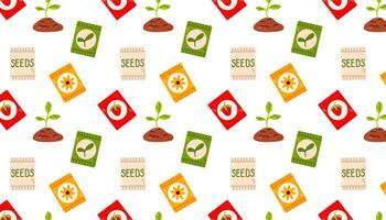 A seamless pattern featuring seed packets, sprouts, and soil, arranged in an organized botanical theme. Great for gardening labels, packaging, and eco-friendly branding. vector