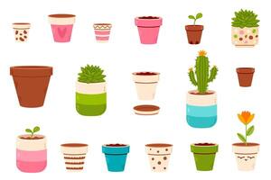 A collection of various decorative and clay flower pots, some empty and others with plants, succulents, or cacti. Perfect for gardening, botany, and home decor projects. vector