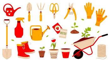 A vibrant collection of gardening tools, gloves, a wheelbarrow, watering cans, and seed packets in a red and yellow color scheme. Ideal for garden-themed illustrations and designs. vector